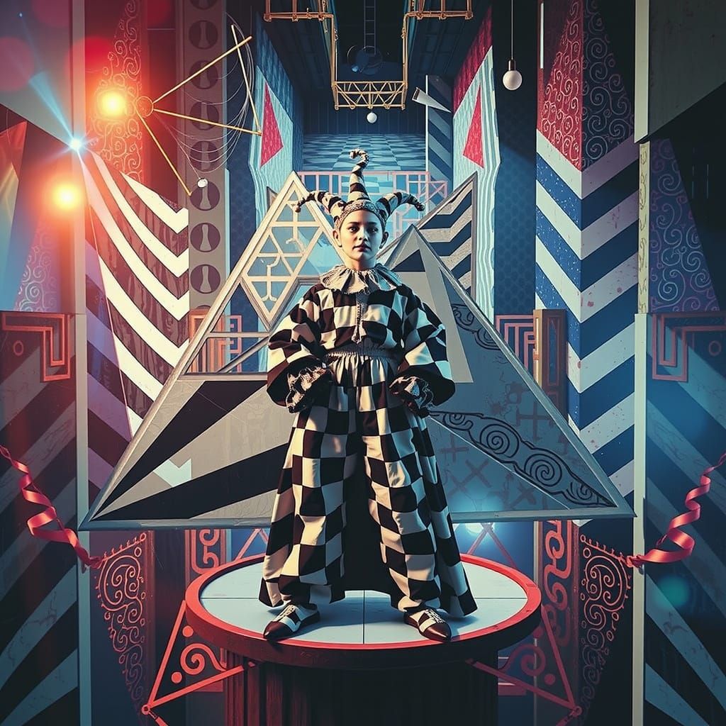 Harlequin Figure in Hypnotic Geometric Maze
