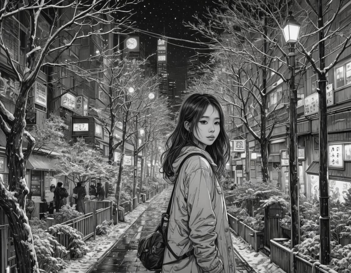 Monochromatic Winter Cityscape in Intricate Line Art