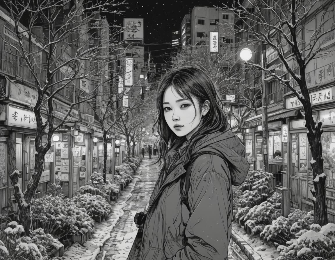 Surreal Monochromatic Cityscape of a Girl in a Winter Wonder...