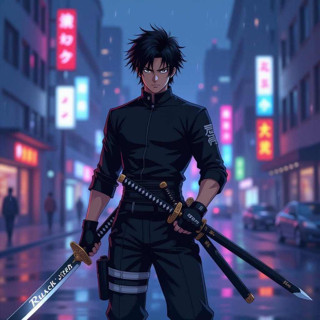 Anime Swordsman in Neon Cityscape, Manga Style