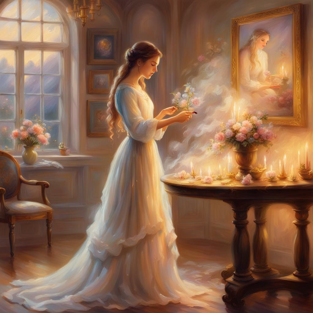 Ethereal Interior with Woman Tracing Flower