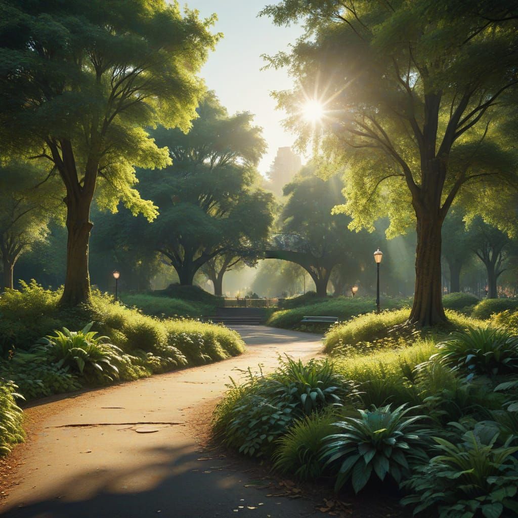 Relaxing City Park in Golden Hour Sunlight