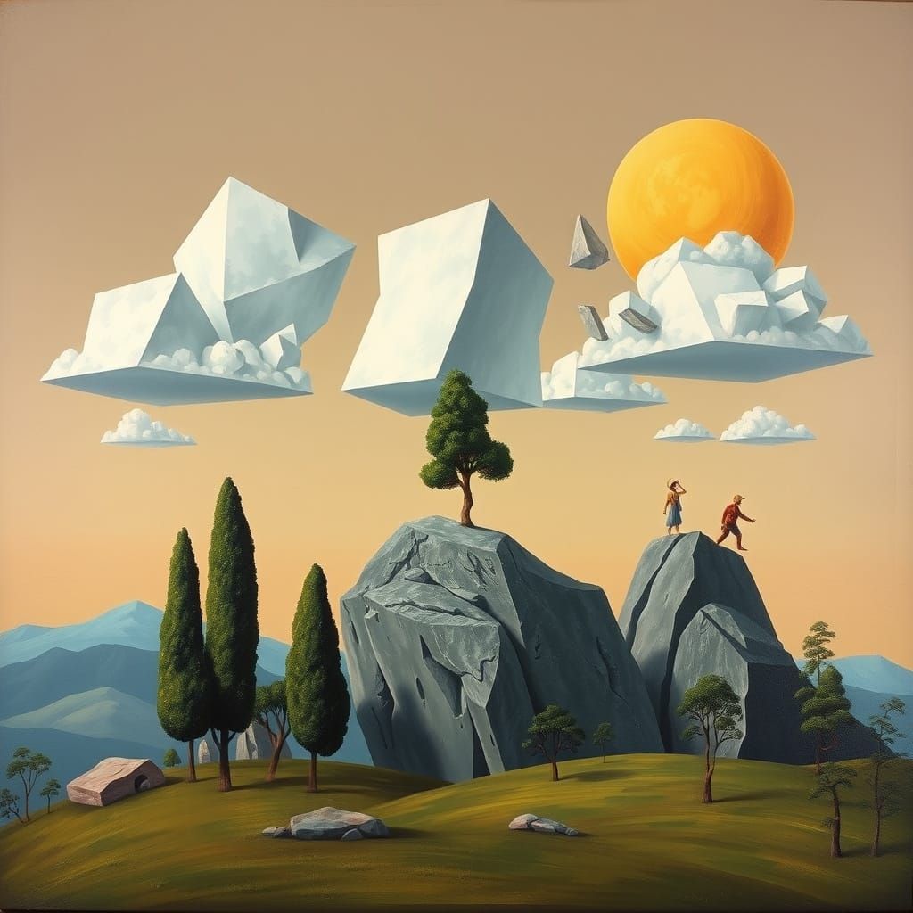 Surreal Cuboid Landscape in Renaissance-Inspired Style