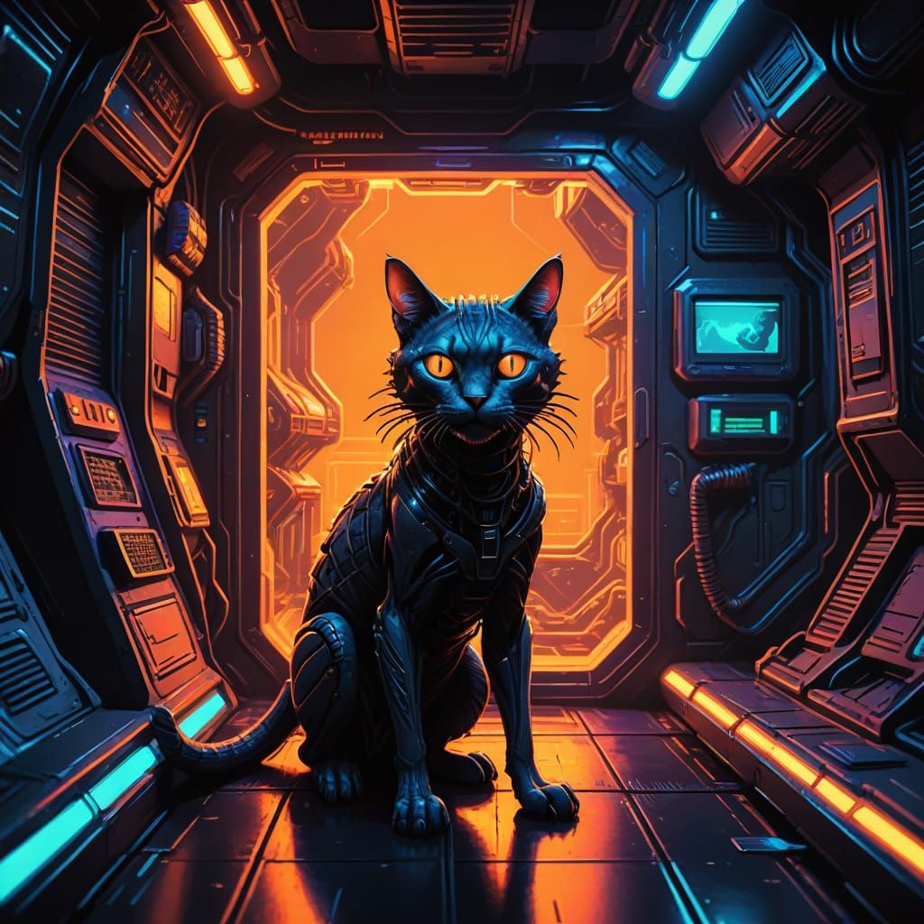 Xenomorph Confronts Cat in Synthwave Style