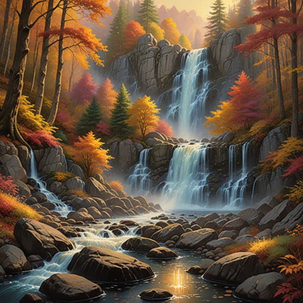 Ethereal Waterfall in Enchanted Autumn Forest