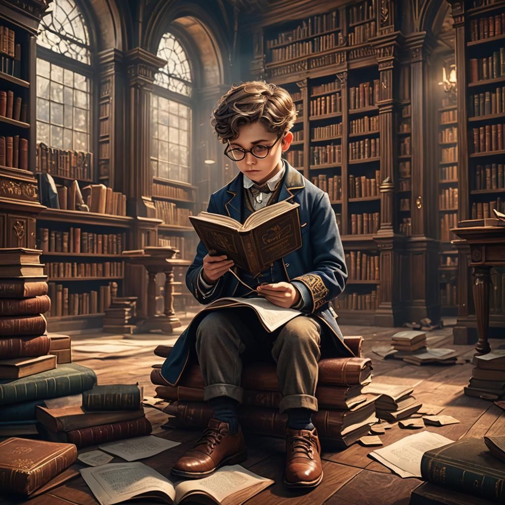 Boy Reading in Detailed Edwardian Library
