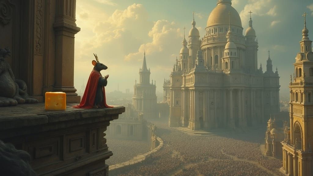 Rat Pope on Cathedral Balcony Overlooking Crowd in Vivid Day...