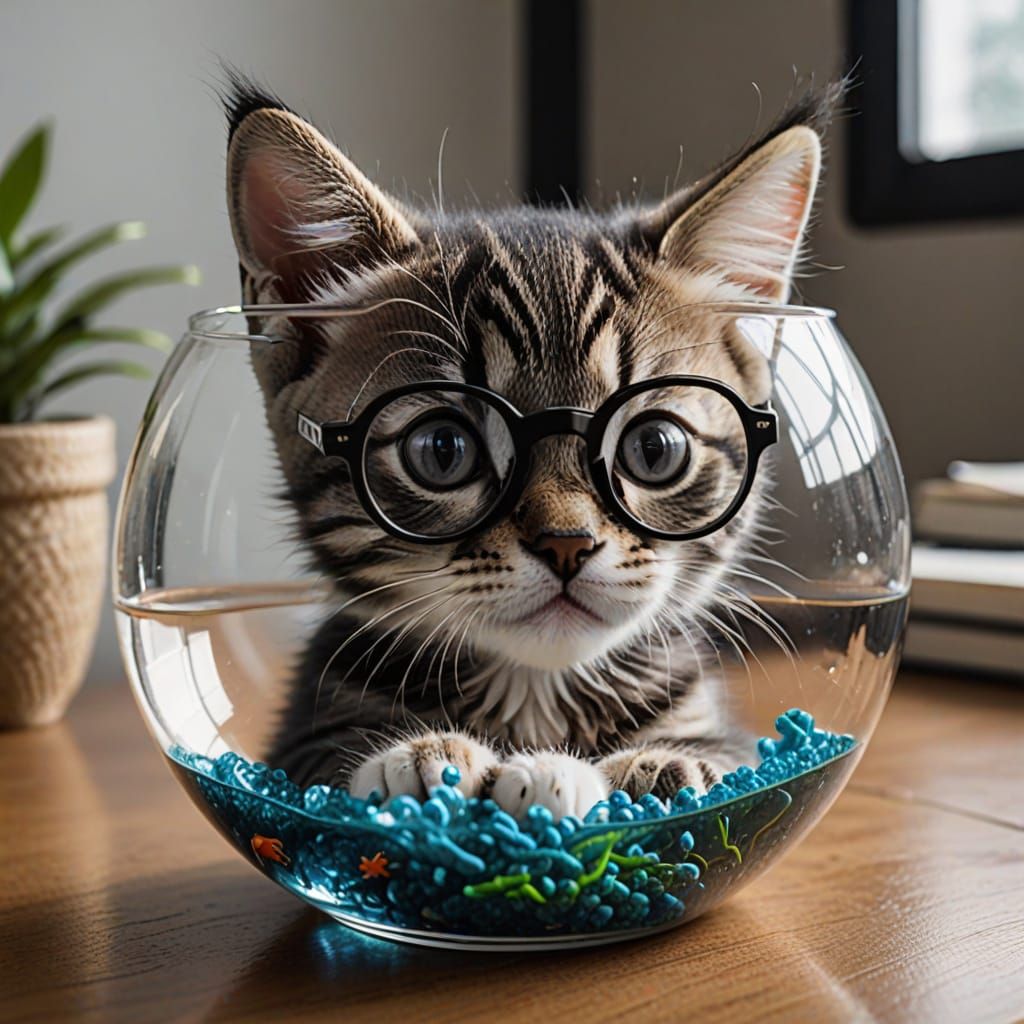 Kitten in Fishbowl Wears Stylish Glasses