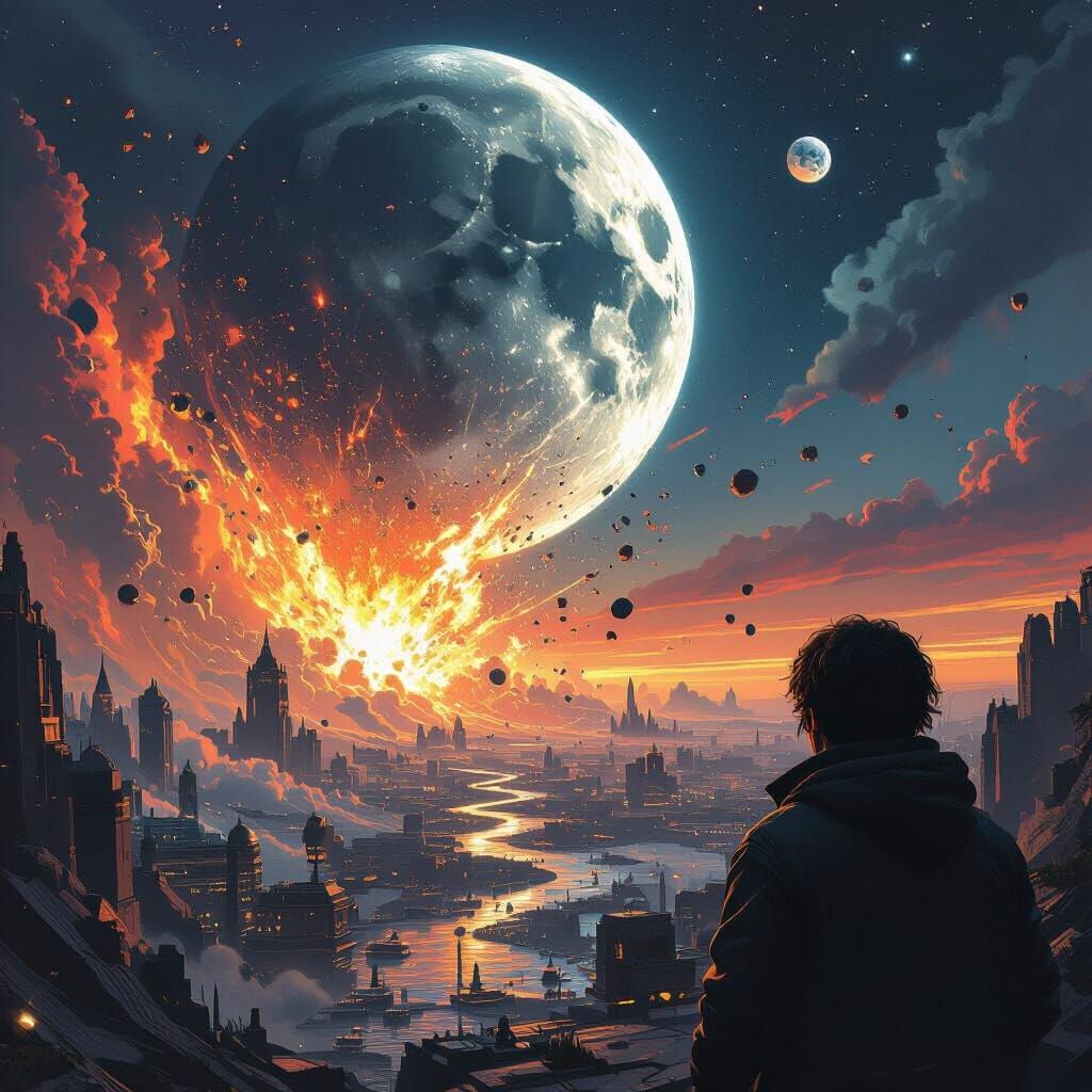 Catastrophic Moon Collision with Earth in Digital Art Style