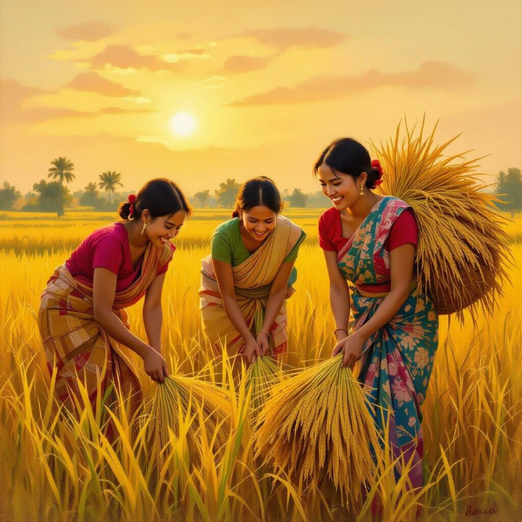 Burmese Women Harvesting Rice Field in Golden Hour Light