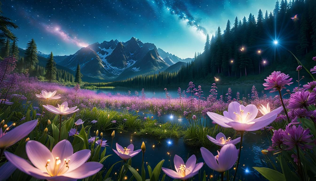 Spring Twilight Sky with Fireflies and Stars