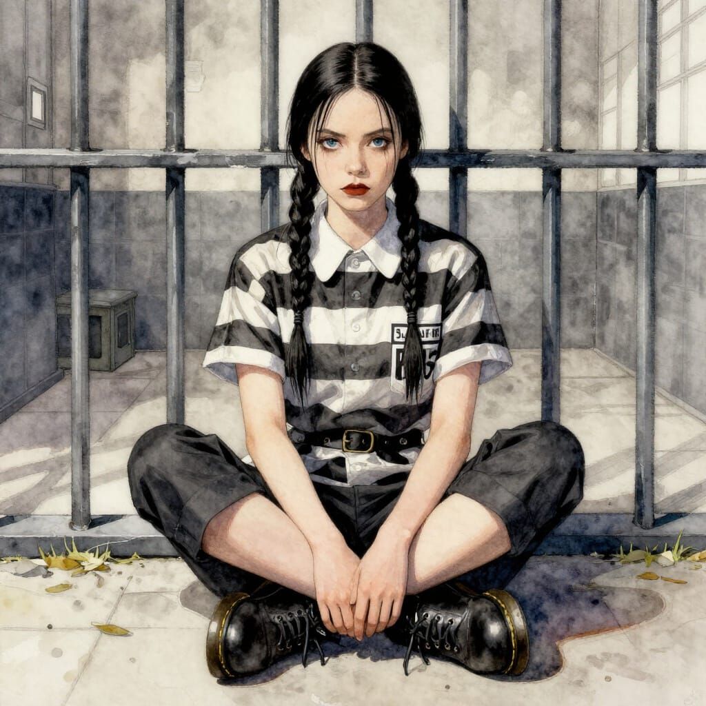 Wednesday Addams in Prison, Charcoal & Pastel Watercolour St...