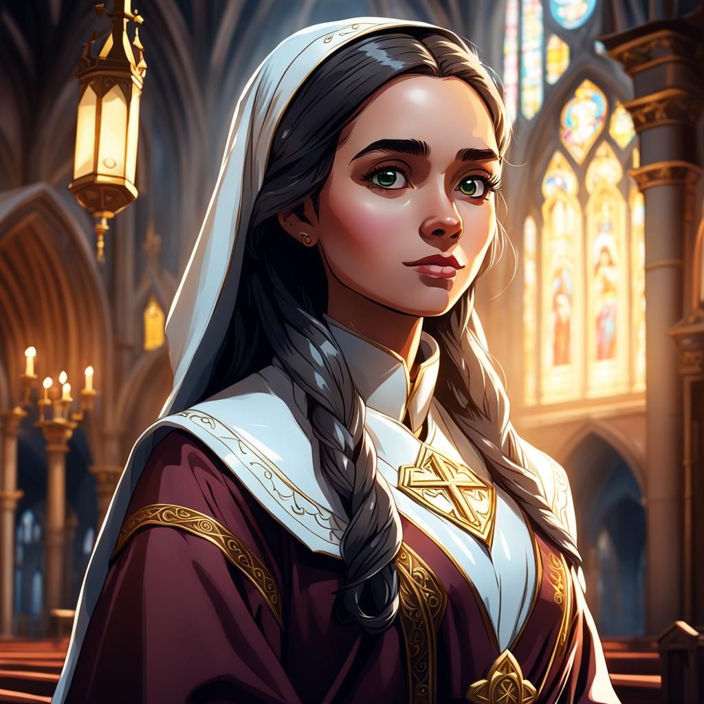 Female Cleric in White Robes Cartoon