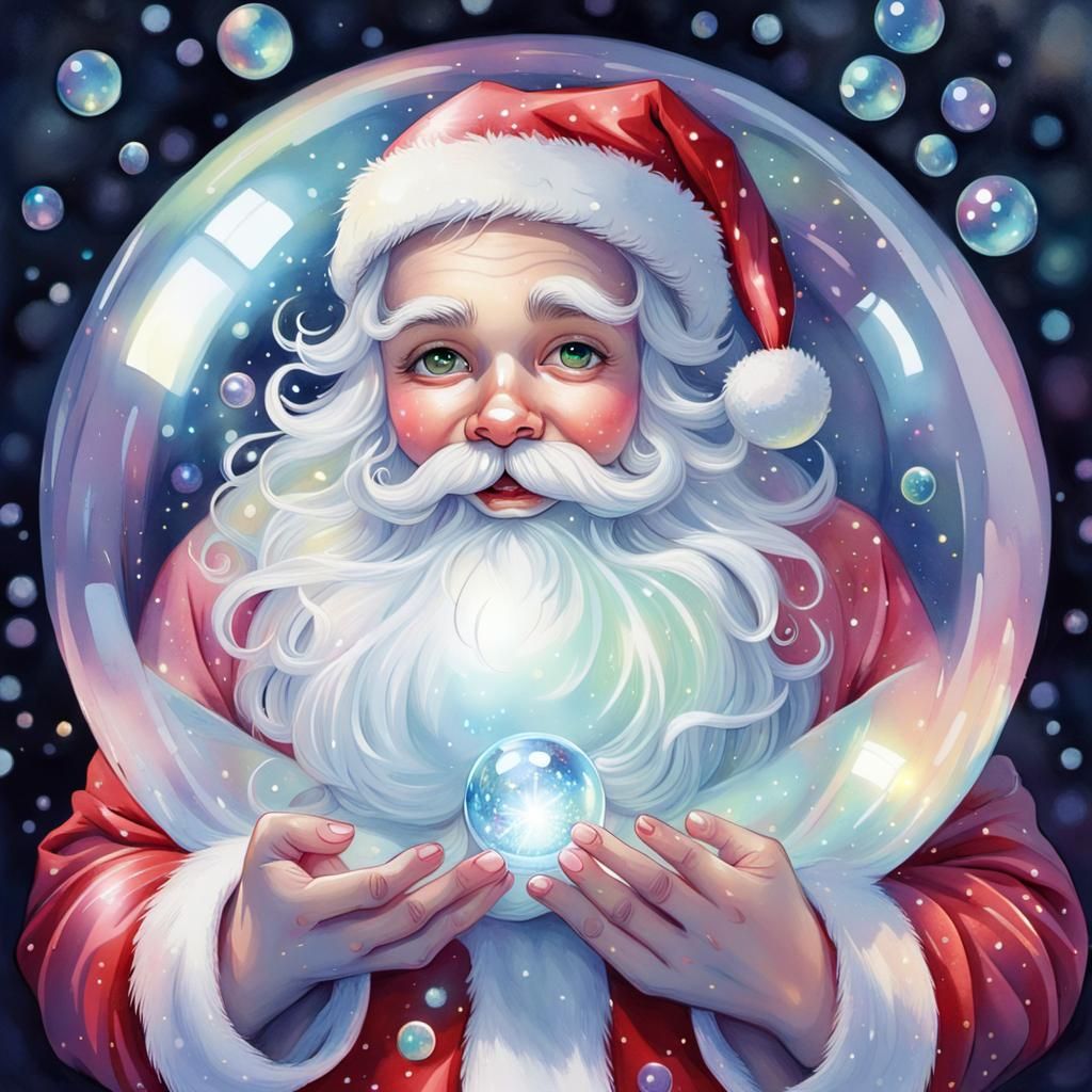 Santa in Iridescent Snowball, Watercolor Style
