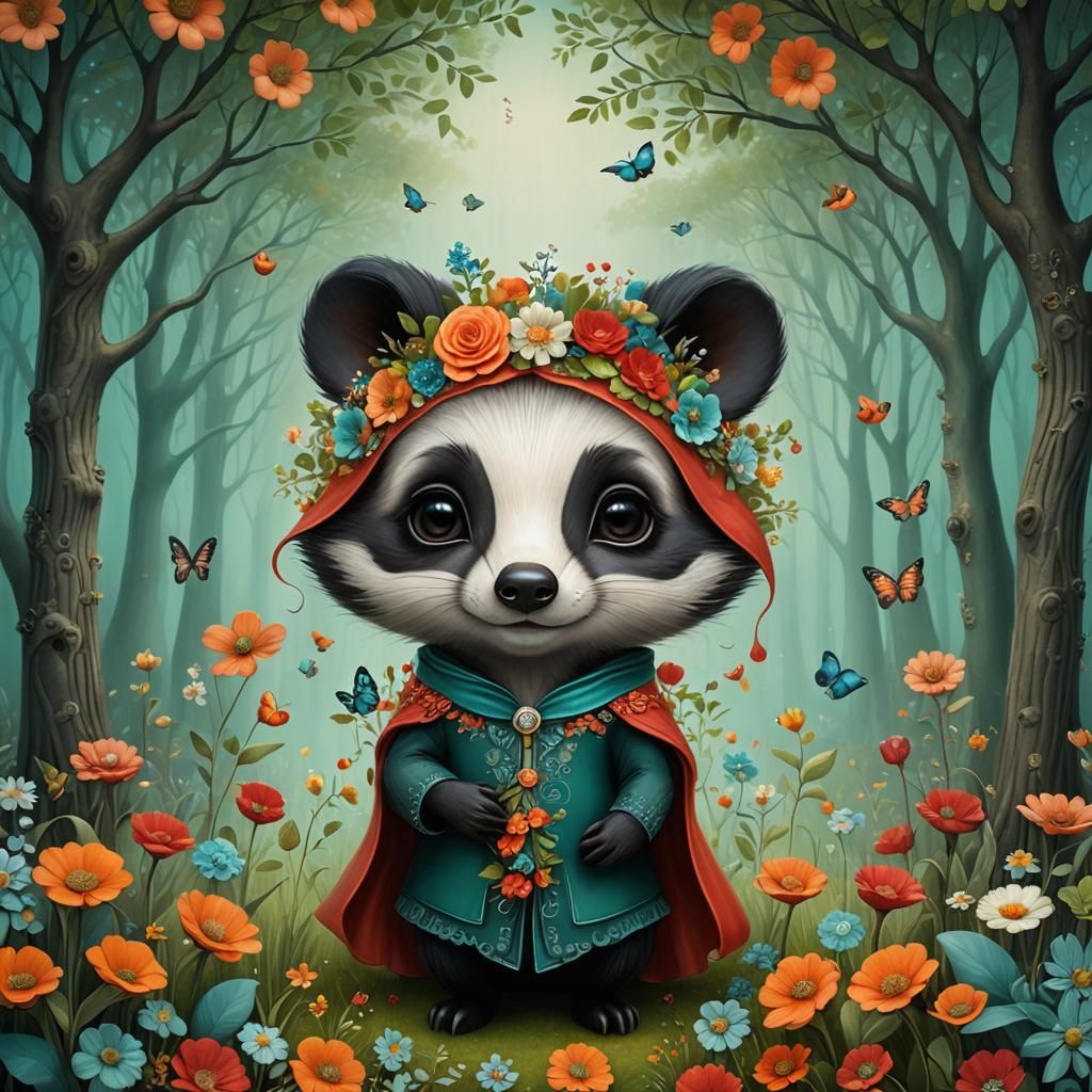 Whimsical Badger Cartoon in Botanical Style