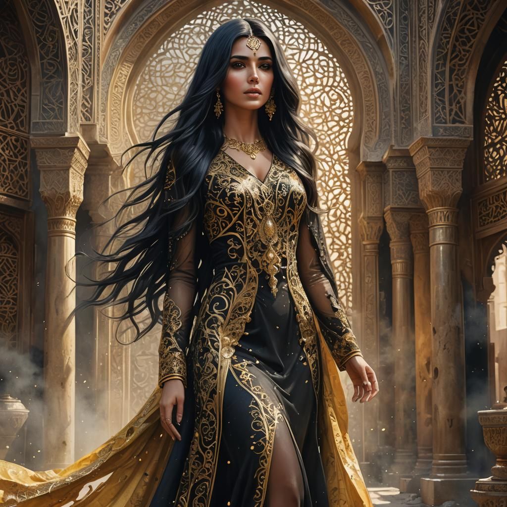 Arabic Woman in Gold Dress, Watercolor Art