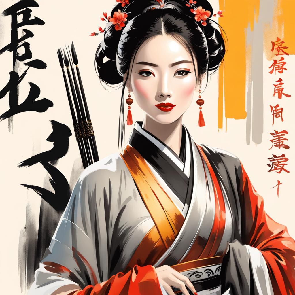Lady in Chinese Costume, Calligraphy Brush Style