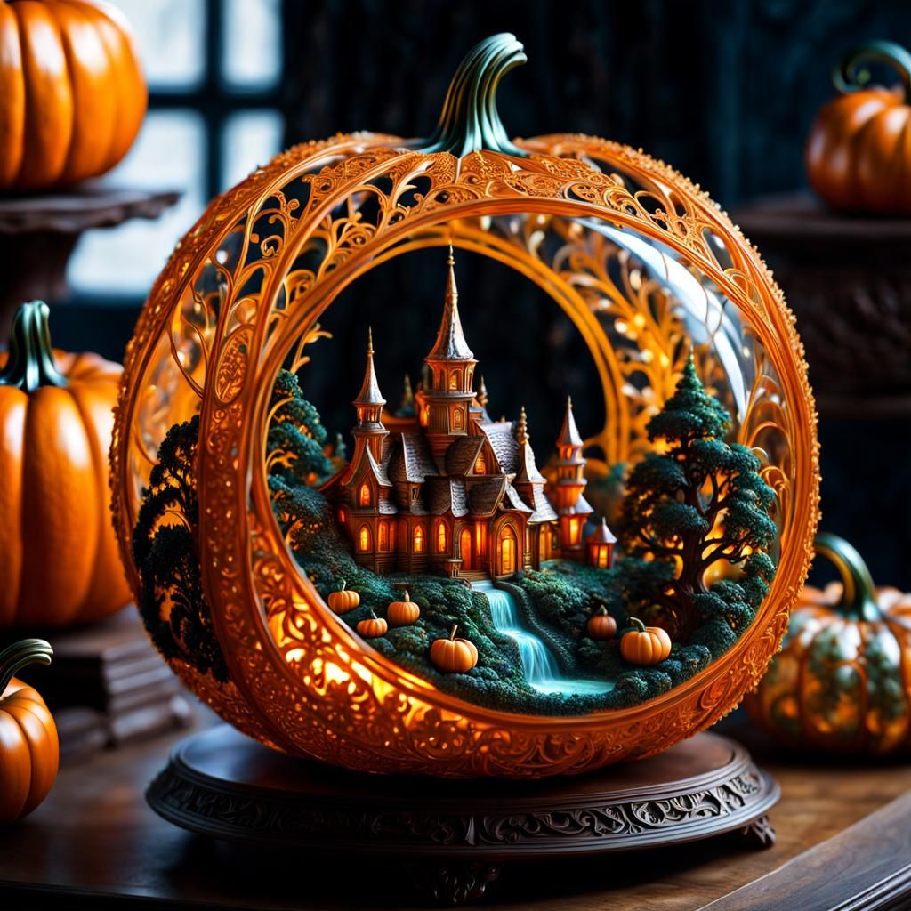 Enchanted Fairyscape Inside Ornate Resin Pumpkin
