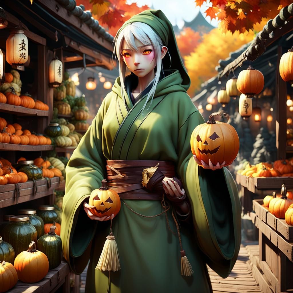 Anime Character Enjoys Gourds in Autumn Market