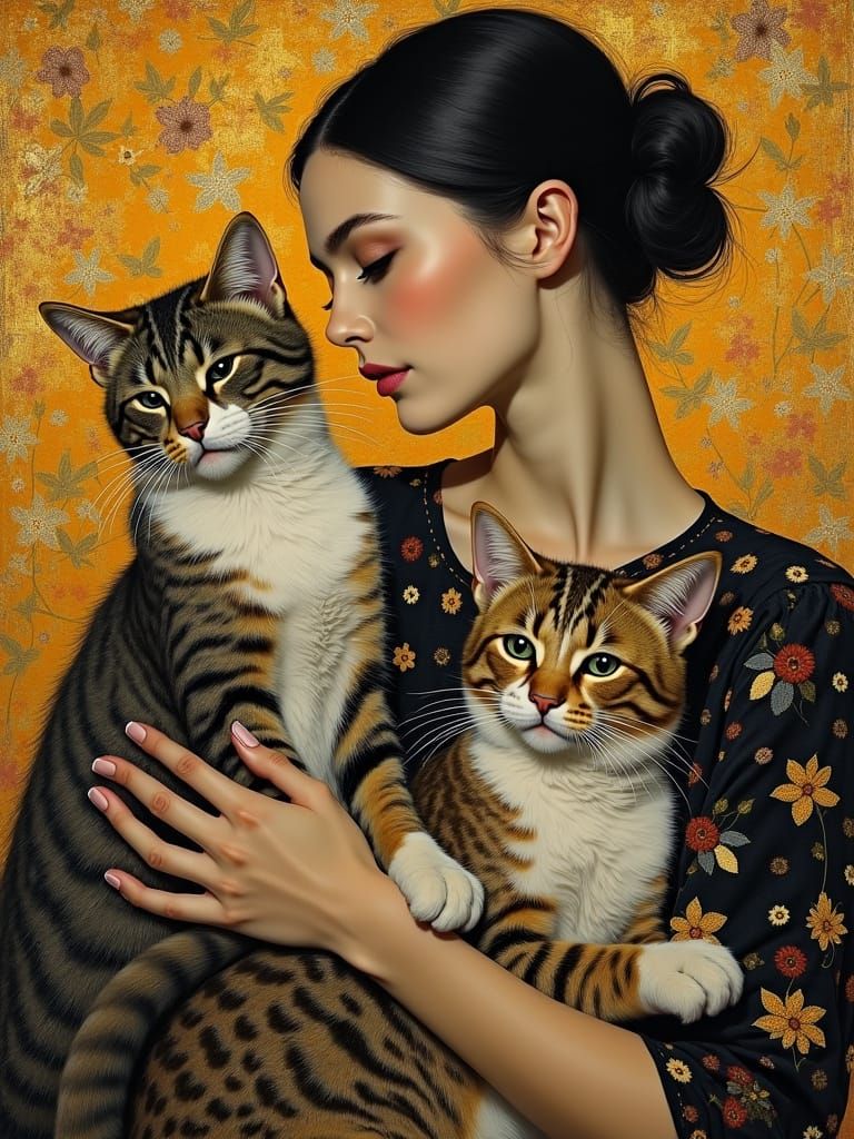Gustav Klimt Inspired Lady with Elegant Felines