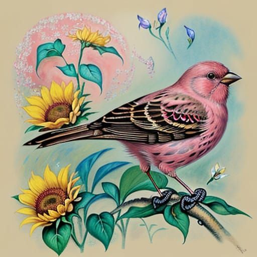 Surreal Bird in Sunflower Blossom, Impressionist Influence