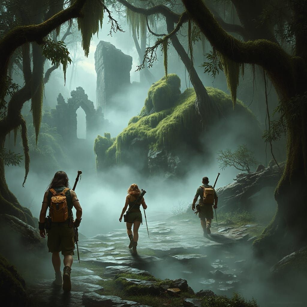 Fantasy Adventurers in Mystical Foggy Jungle Ruins
