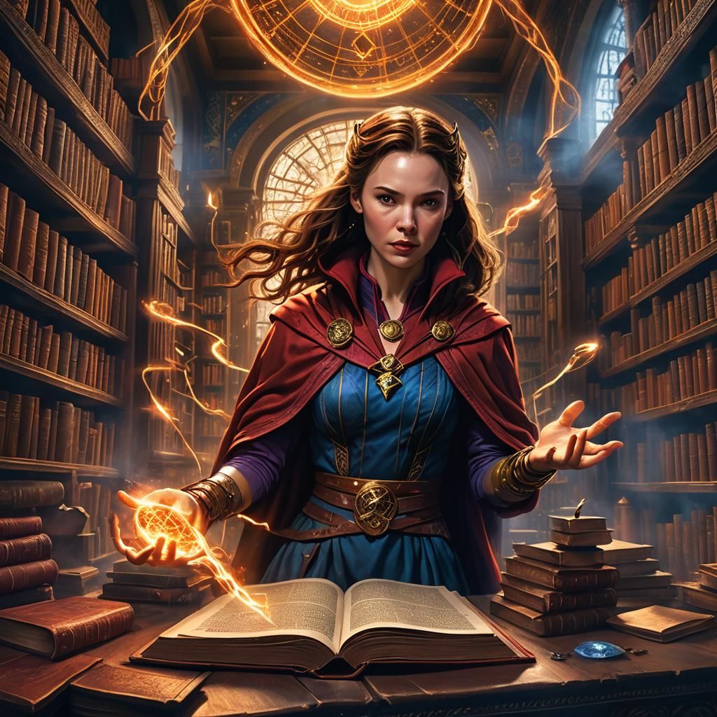 Sorceress Casting Spell in Mystical Library