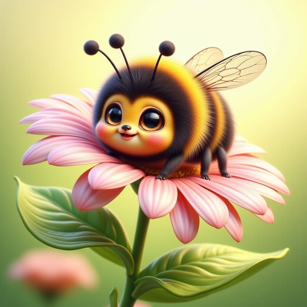 Cute Chibi Bumblebee on Pastel Flower in Sanrio Style