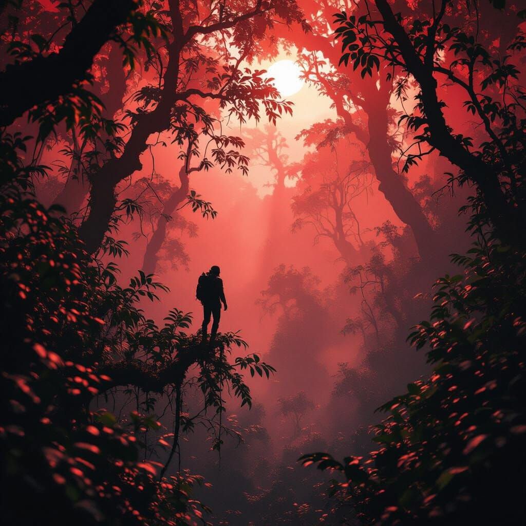 Explorer in a Crimson Alien Forest: Cinematic Film Still