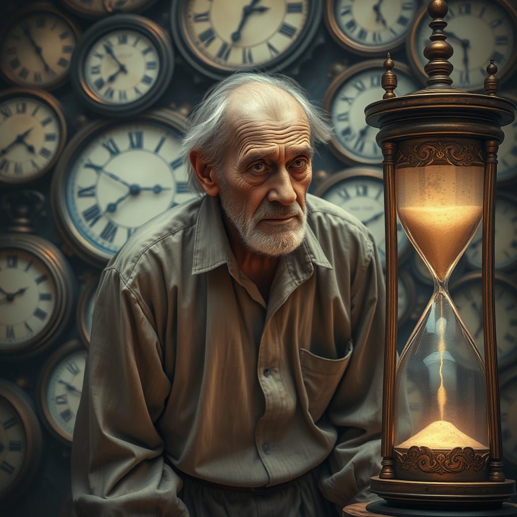 Old Man Gazing at Hourglass in Ornate Timepiece Setting