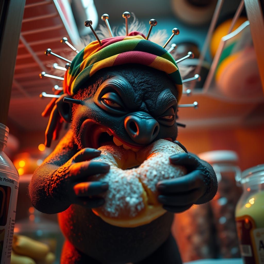 Voodoo Doll Devours Sugar-Dusted Treat in Jamaican Kitchen