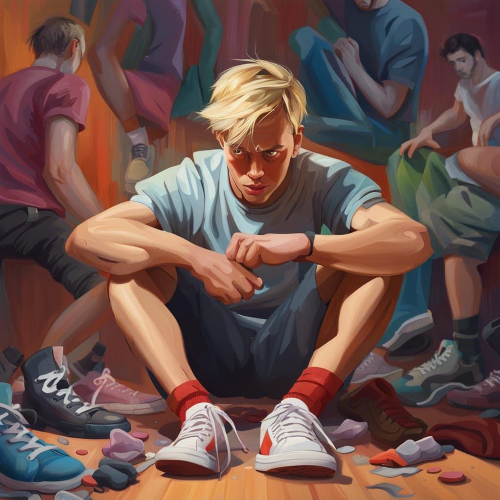 Hyperrealistic Man Lacing Sneakers Amidst Angry Crowd