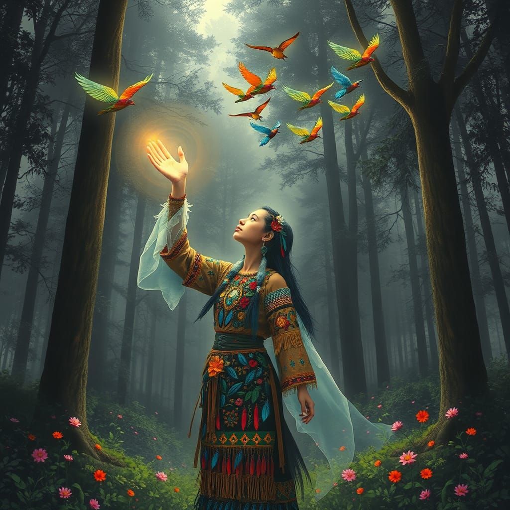 Native American Spirit Woman in Surreal Forest