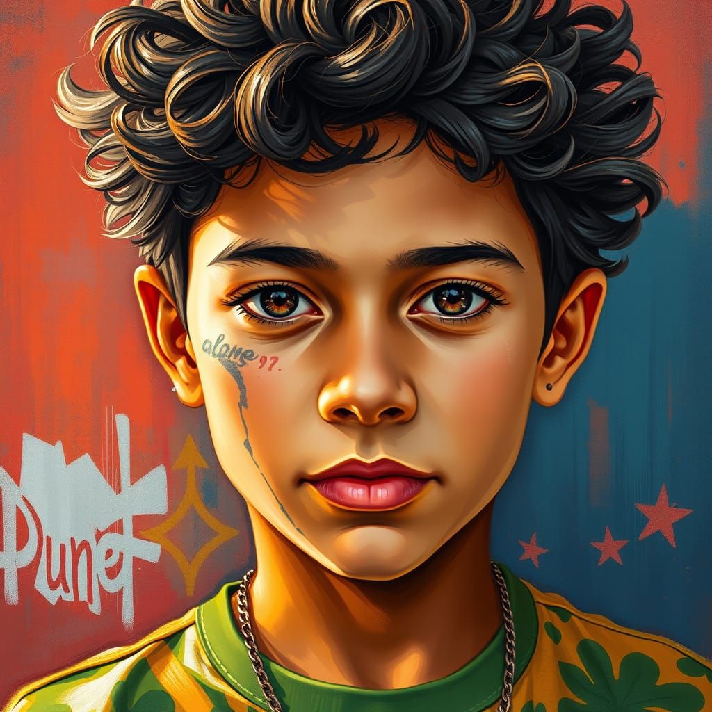 Youthful Hispanic Figure with Unruly Hair in Vibrant Mexican...