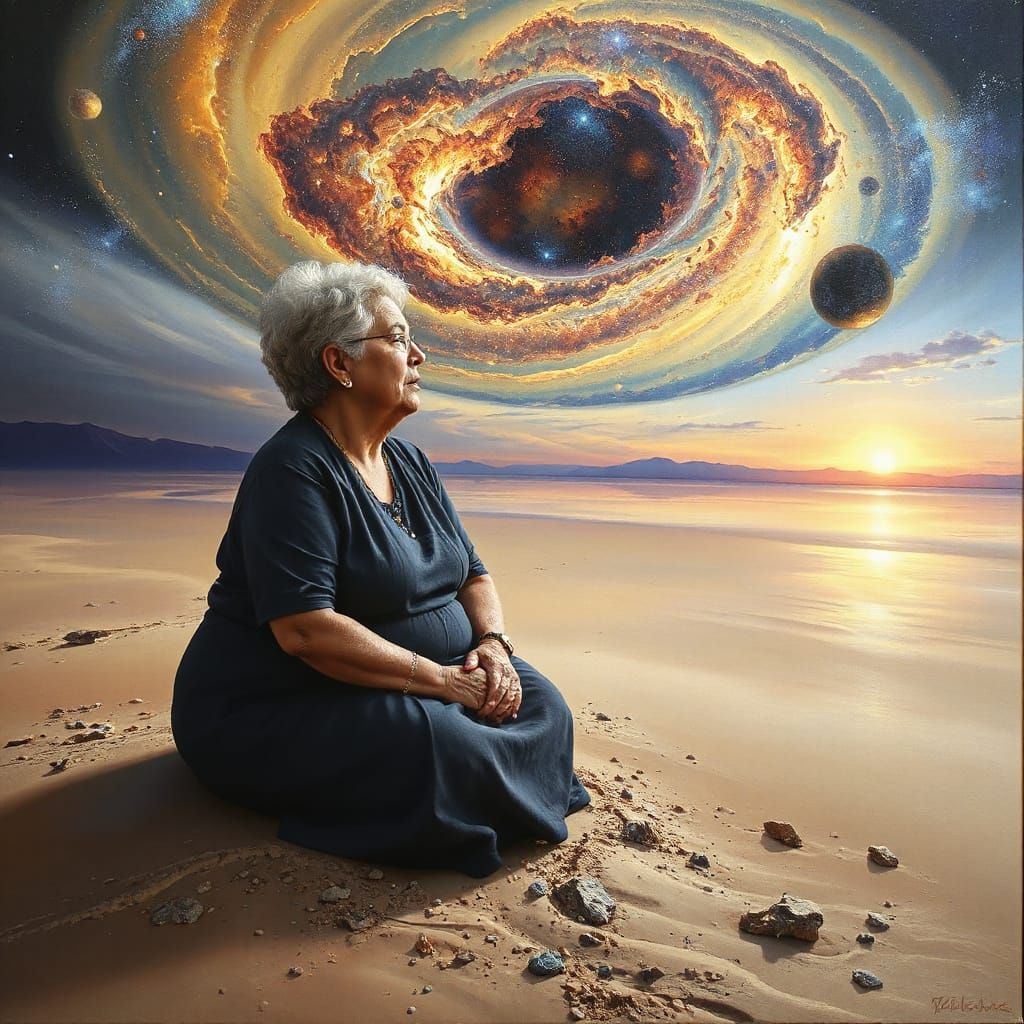 Elderly Woman on Alien Beach as Oil Painting