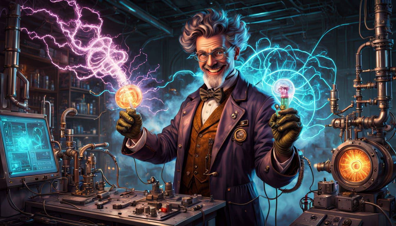 Mad Scientist in Vibrant, Glowing Laboratory