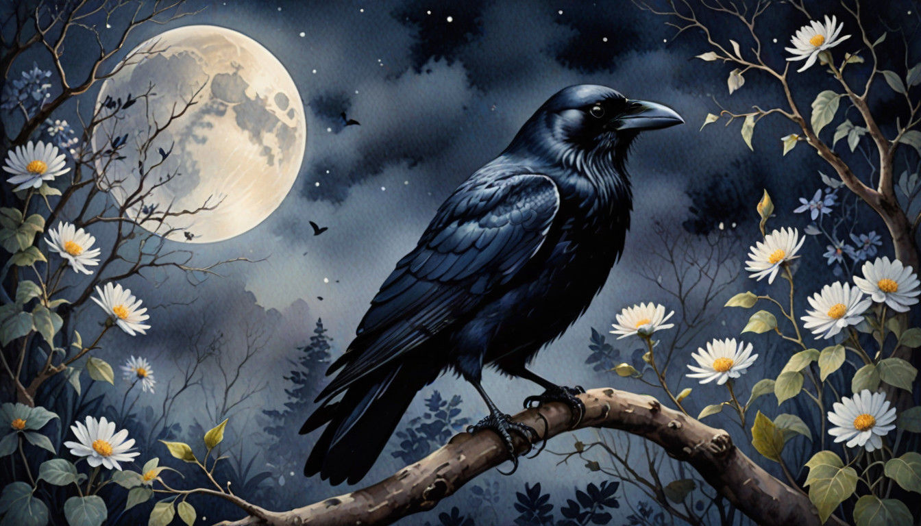 Dreamy Crow in Moonlit Garden