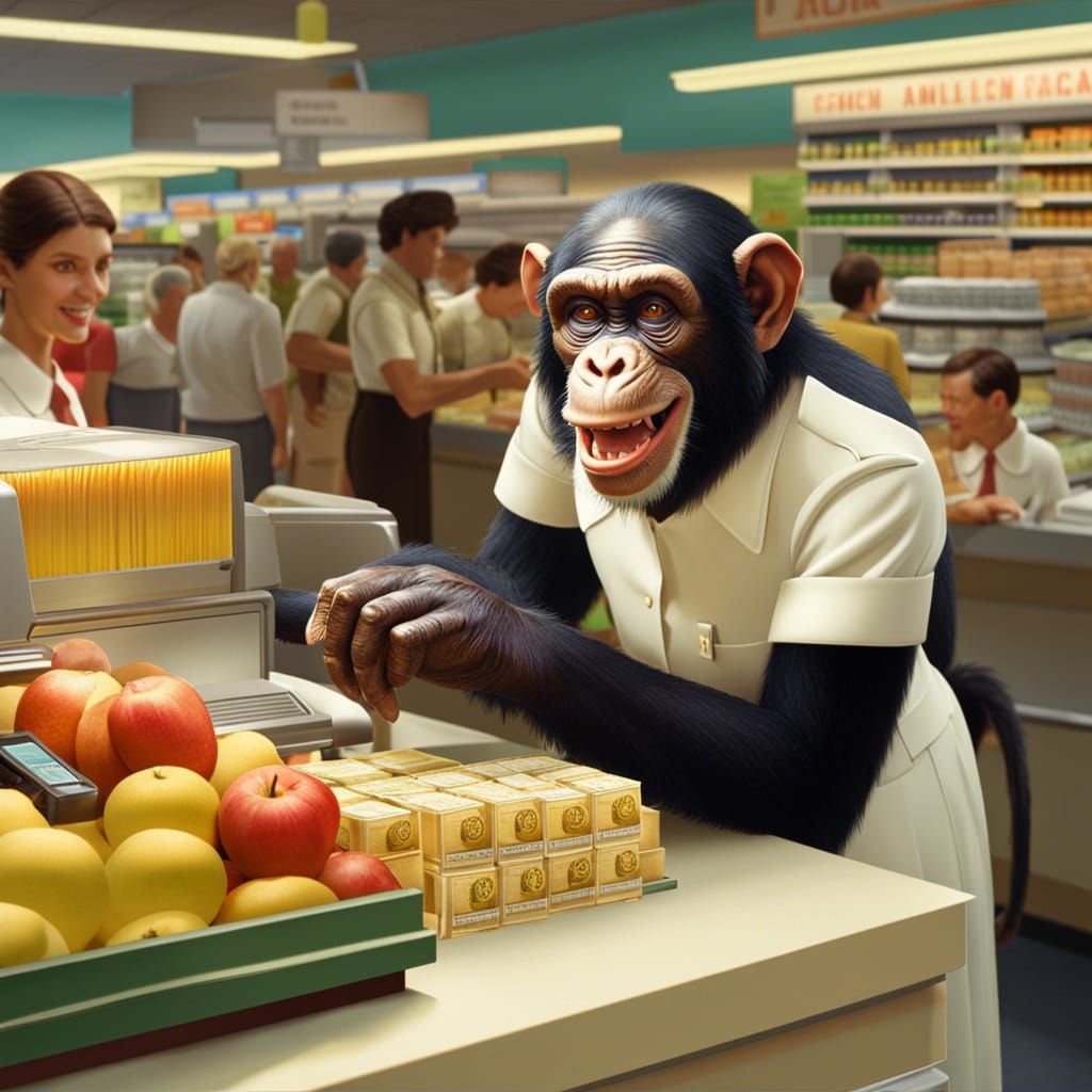 Chimpanzee Cashier Grinning at Monkey Customers