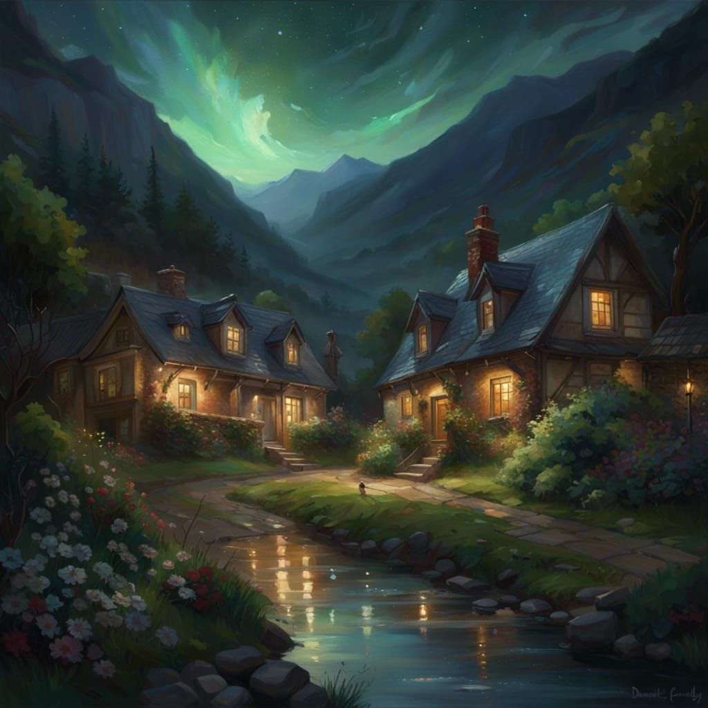 Nighttime Village in Mountains as Oil Painting