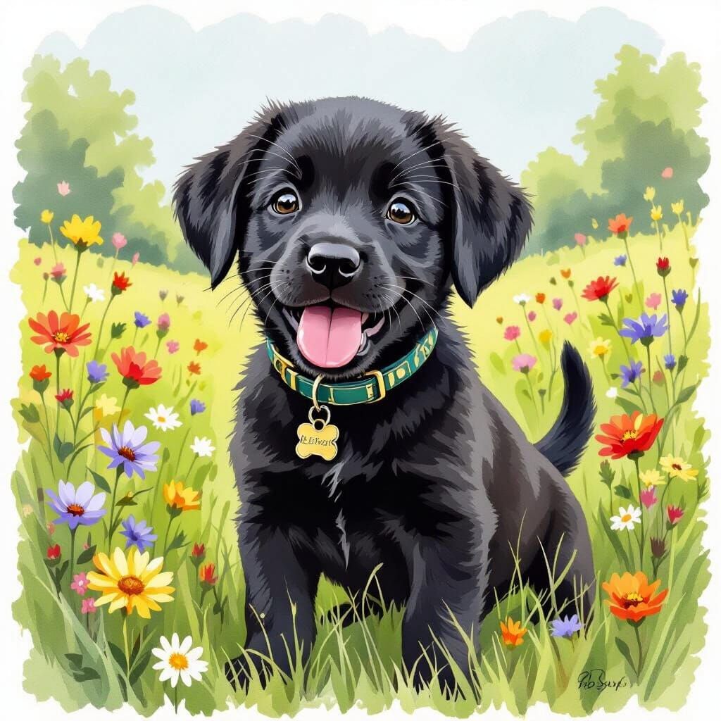 Adorable Puppy in Wildflower Meadow, Beatrix Potter Style