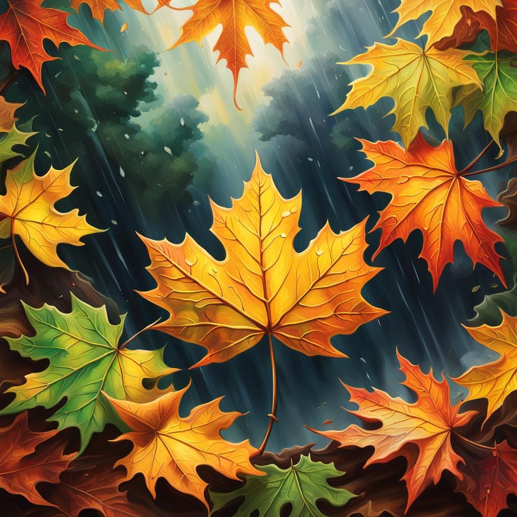 Maple Leaf Frames Person in Autumn Storm
