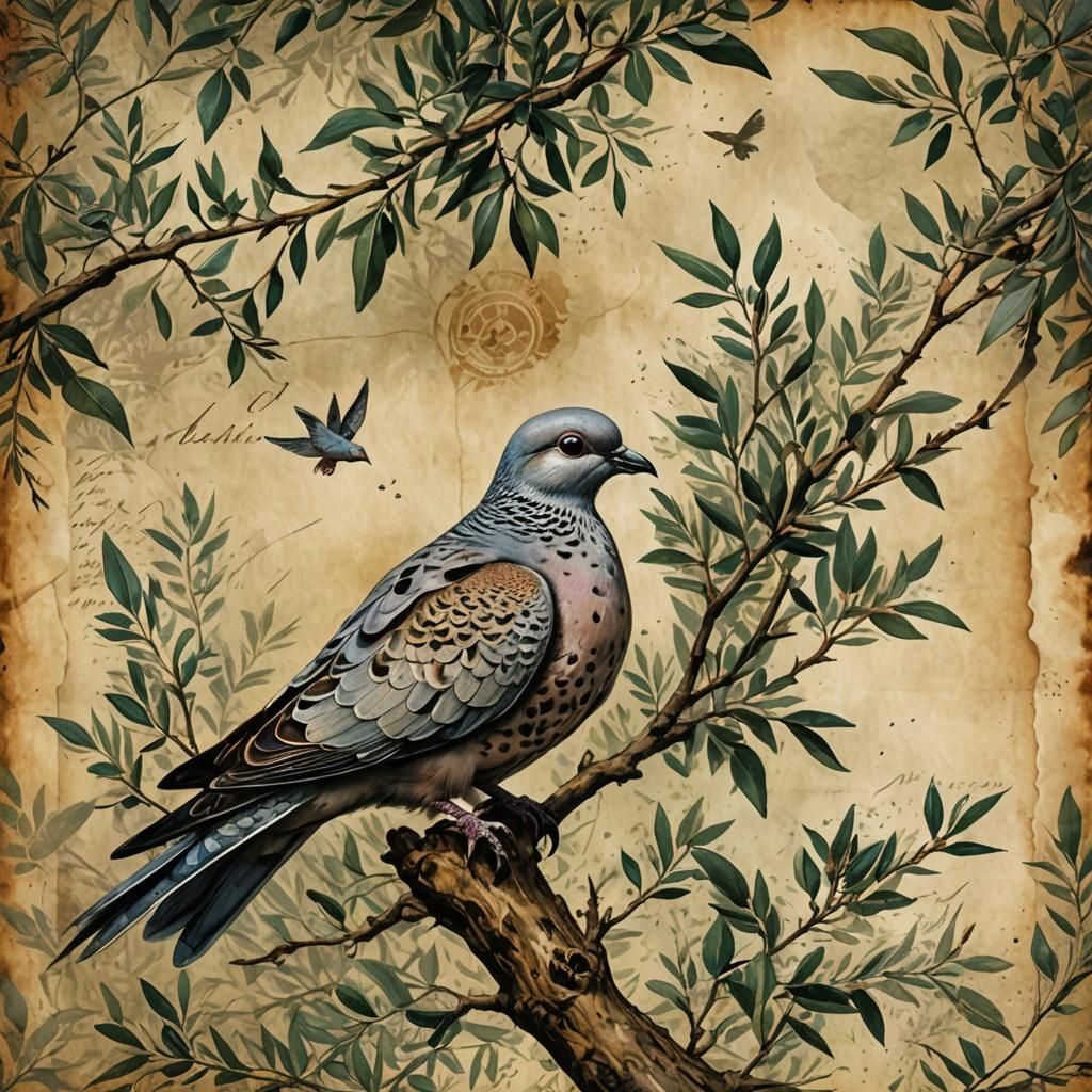 Turtledove on Olive Branch Mixed Media Fantasy Art