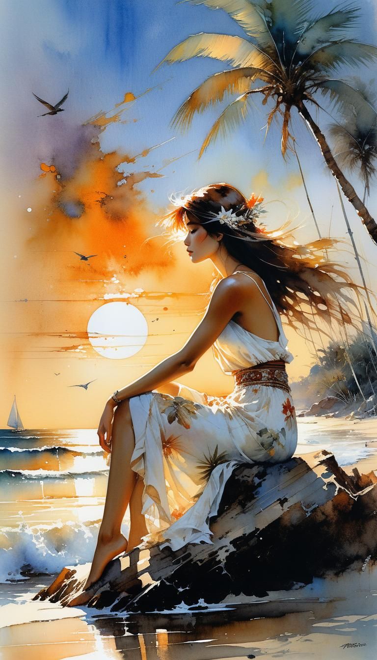 Watercolor Woman on Tropical Sunset Beach