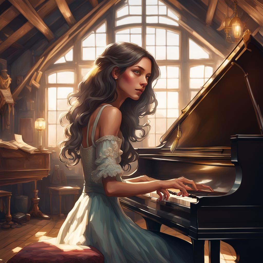 Piano Player in Attic, Hyperdetailed Concept Art