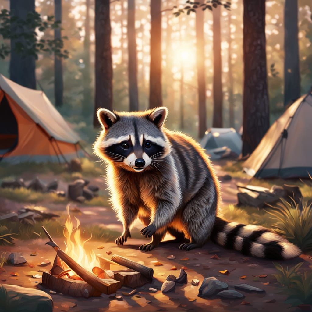 Realistic Wildlife Illustration of a Raccoon in a Cozy Fores...