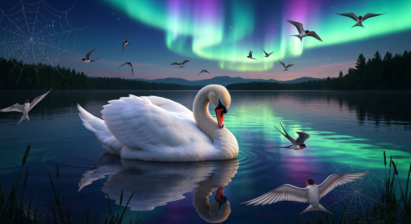 Cosmic Surreal Swan on Aurora Lake