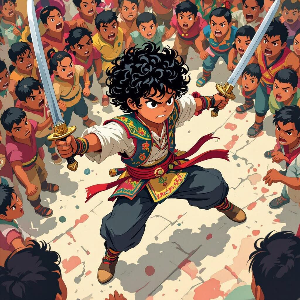 Dynamic Mexican Boy Warrior in Vibrant Style