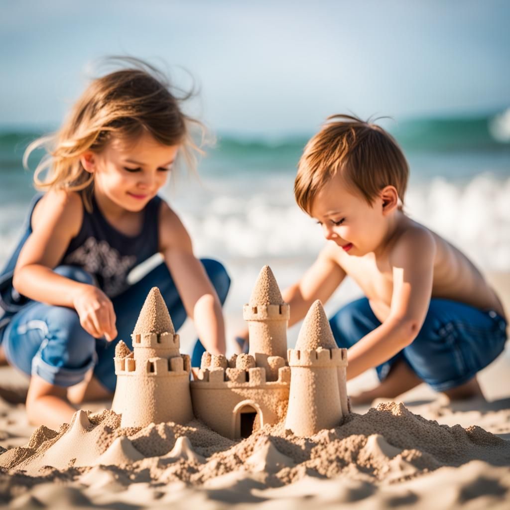 Toddlers Building Sandcastle on Beach: Natural Light Photogr...
