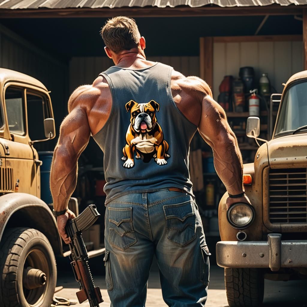 holding an AK-15, a forty-year-old hairy muscular man in jer...