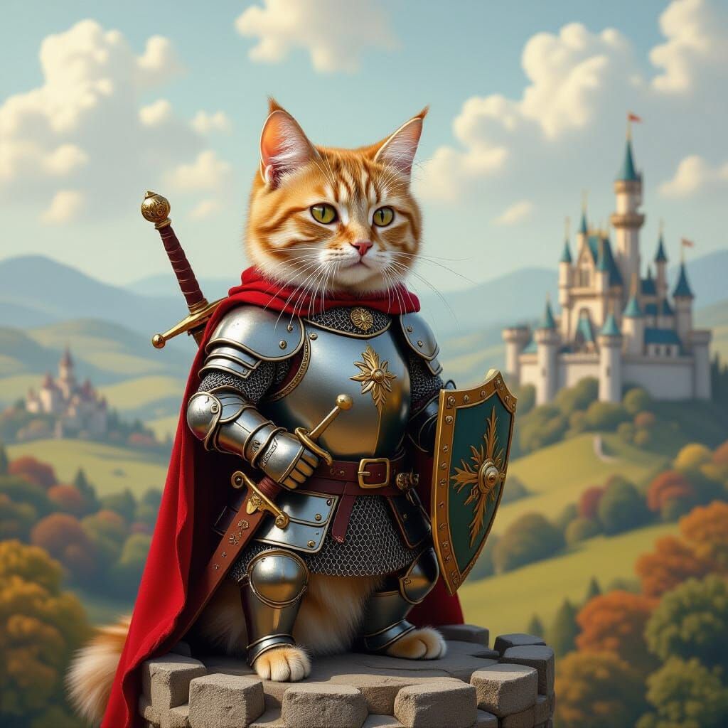 Ginger Cat Knight in Armor Standing Proudly